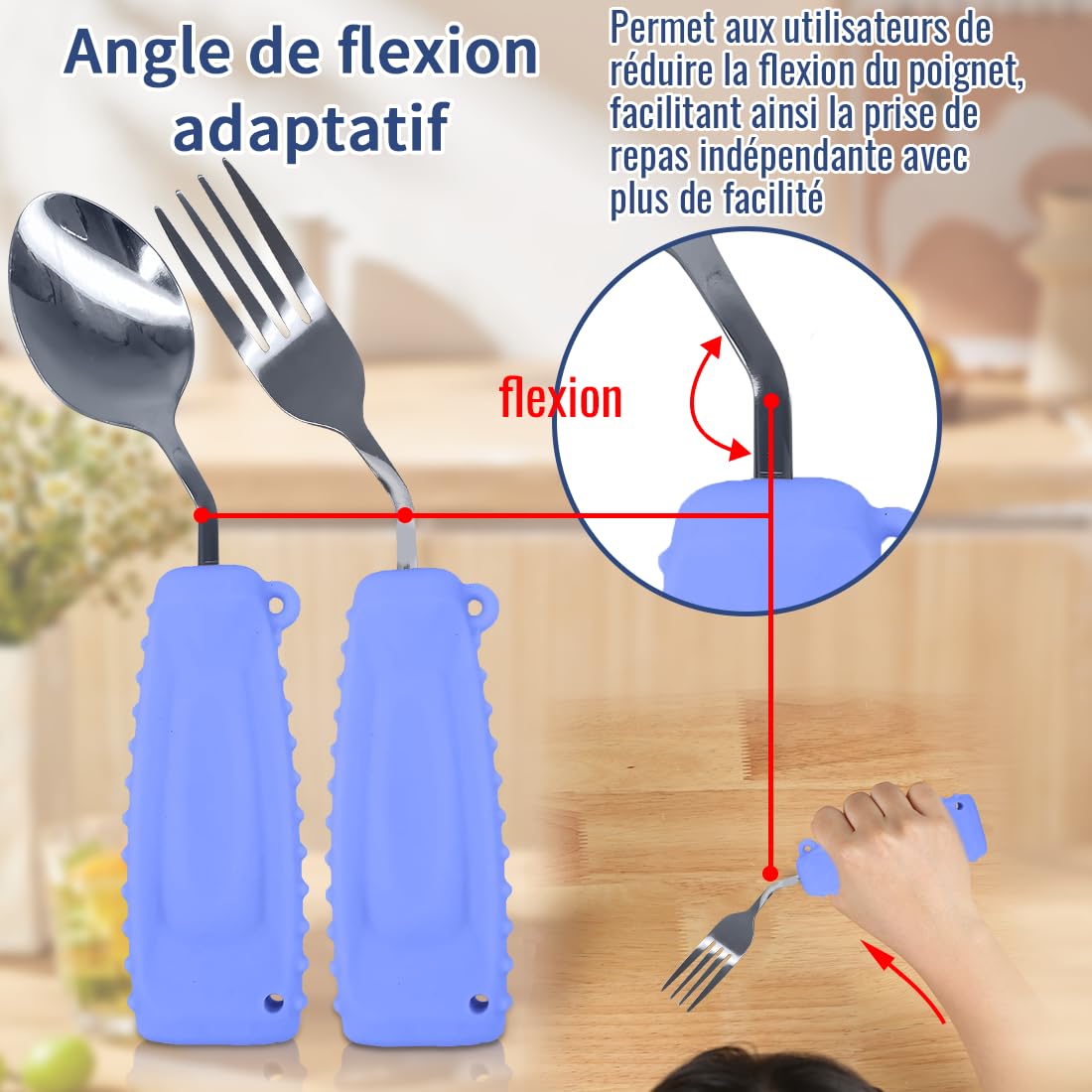 Ustensiles Adaptés pour Personnes Âgées & Handicapées - Cuillère et Fourchette Ergonomiques en Inox - Manche Courbé - Silicone Coloré - Lavable Lave-Vaisselle(Main droite)