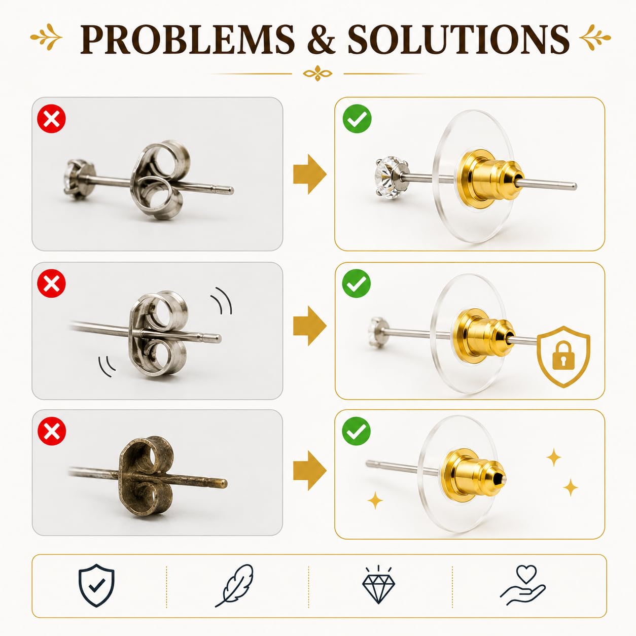 Tia Crafts Golden Bullet Clutch Earring Backs with Silicone Pad | Stopper for Studs | Silicone Earring Backs Support for Heavy Earrings | Rubber Ear Back Stopper Button Support for Women & Girls | Pack of 200 pcs 4