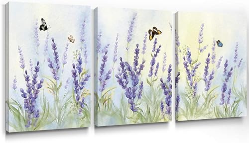 Slody Arte de pared morado con estampado de flores modernas de lavanda, cuadro floral de mariposa, paisaje de primavera, arte botánico enmarcado