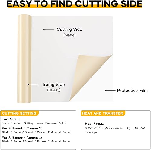 Miniatura 7 de HTVRONT HTV Cream Heat Transfer Vinyl Rolls - 12" x 15ft Cream HTV for Shirts, All Cutting Machines - Easy to Cut & Weed Varios