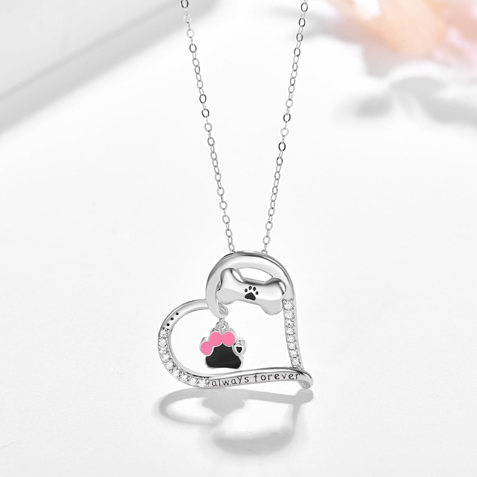 KINGWHYTE Dog Necklace 925 Sterling Silver Paw Print Necklace Heart Bone Necklaces Animal Jewellery for Women Pet Memorial Gifts for Dog Lovers Women - Image 3