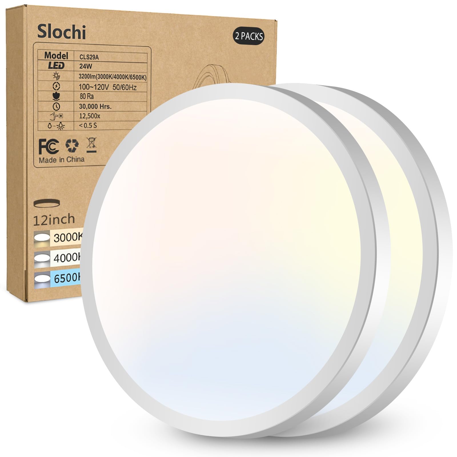 2PACK LED Flush Mount Ceiling Light Fixture, 3000K-4000K-6500K & 150W Equivalent Modern Kitchen Recessed Ceiling Lamp 24W 3200Lm 12Inch Closet Round Surface for Bathroom Laundry Bedroom Hallway