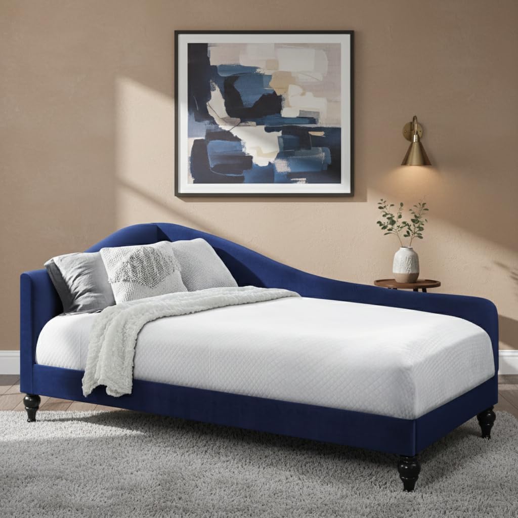 HOME DESIGN Enzo Luxurious Twin Daybed, Velvet Upholstery, Arched Back and Curved Armrests, Victorian-Style Turned Legs, Foam-Filled Comfort, Blue