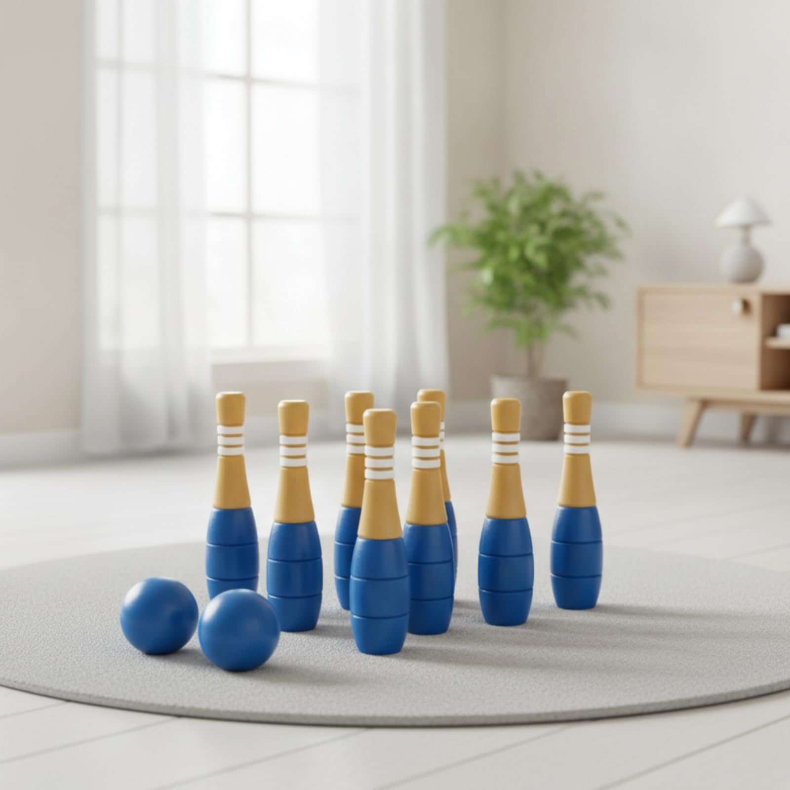 F Fityle Juego de para Niños Set Infantil de Boliche Madera Maciza Pinos y Bola Diseño Tradicional Apariencia Atractiva Favorece la Motricidad y la