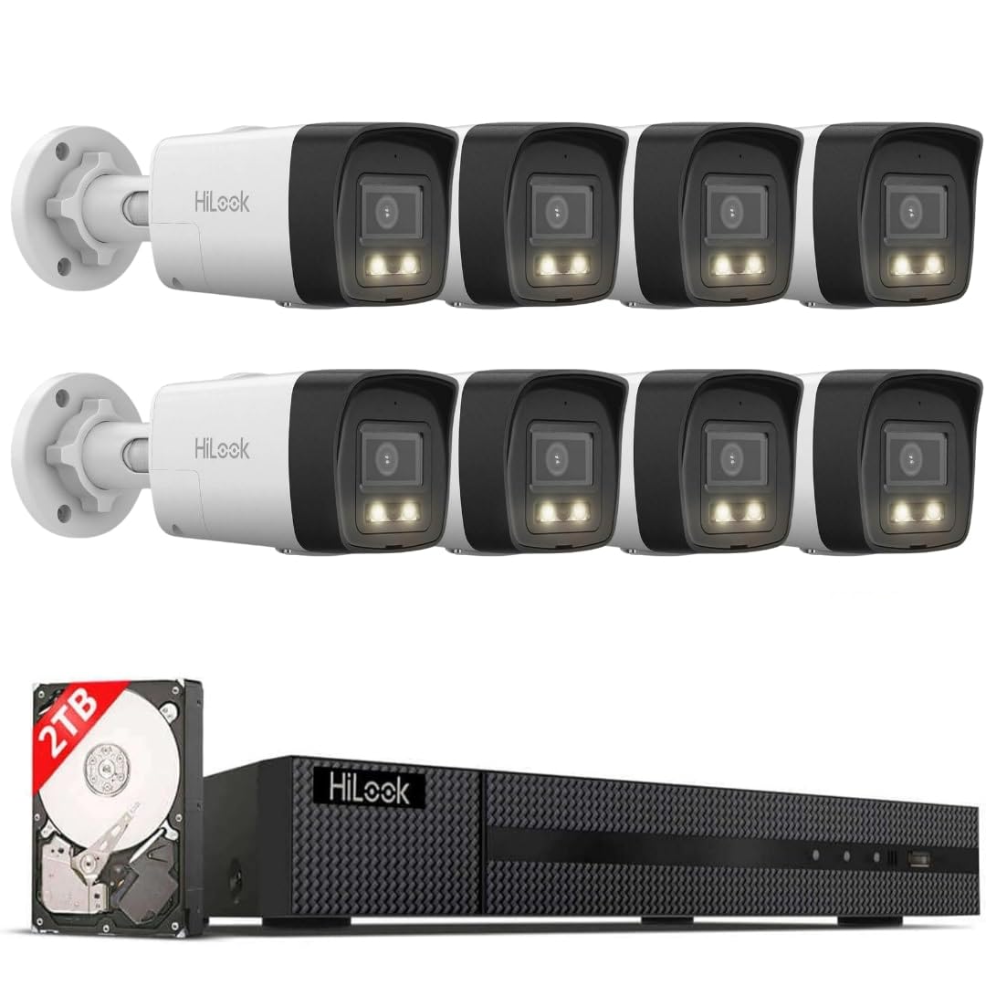 HiLook® by HIKVISION Überwachungskamera Set mit KI Personenerkennung und Hybrid Light Farbnachtsicht 8MP 4K PoE 8 Kameras IP67 wetterfest 2TB NVR vandalismusgeschützt Outdoor App Steuerung