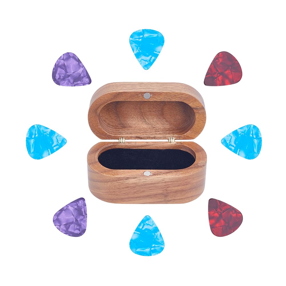 UNICRAFTALE 8Pcs Plastic Guitar Picks Guitar Plectrum Holder Set including 1pcs Walnut Wooden Guitars Pick Storage Boxes Mini Jewelry Box Wooden Trinkets Accessories for Guitars Player Gifts