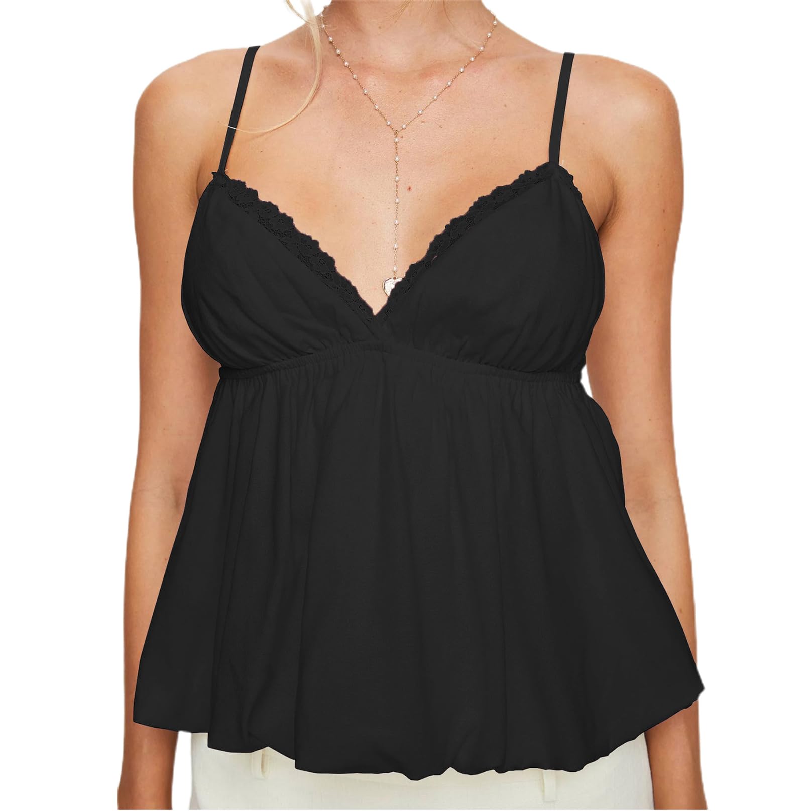 Women Y2k Lace Trim Cami Top Spaghetti Strap V Neck Peplum Camisole Summer Cute Fairy Aesthetic Babydoll Tank Tops