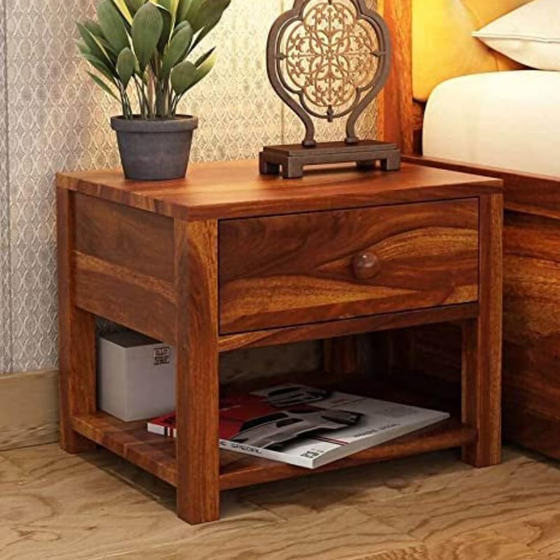 rustic retreat sheesham wood bedside table with 1 drawer wooden night stand end table solid wood bedside table for bedroom living room home | (honey finish)