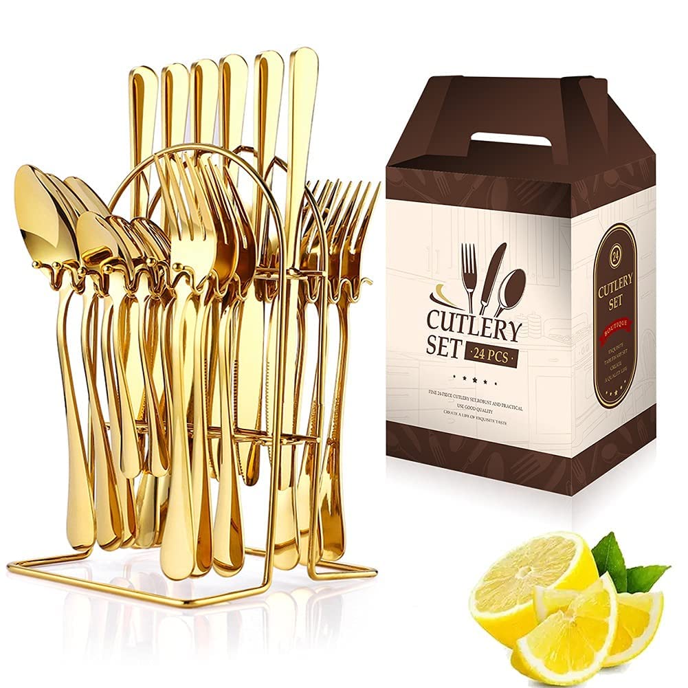 Juego de Cubiertos de Acero Inoxidable de 24 Piezas con Caja de Regalo. Incluye Soporte para Cubiertos Dorado, Cuchillo, Tenedor y Cuchara.