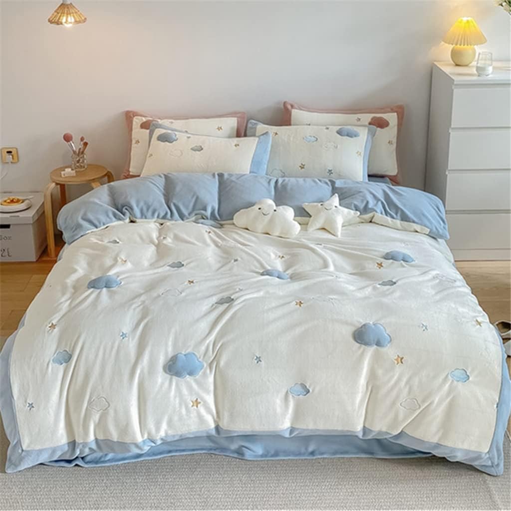 Thick Milk Velvet Winter Duvet Cover Four Pieces Three Dimensional Embroidery Coral Velvet Warm Coral Velvet Duvet Cover (Color : Pink, Size : 1.5M) (Blue 4.9ft)