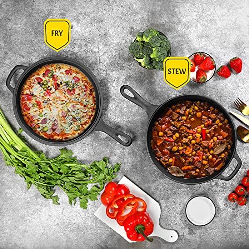 2-in-1 Pre-Seasoned Cast Iron Dutch Oven Pot with Skillet Lid Set, 10" Skillet 3QT Pot for Cooking, Baking, Frying and Camping - Thumbnail 2