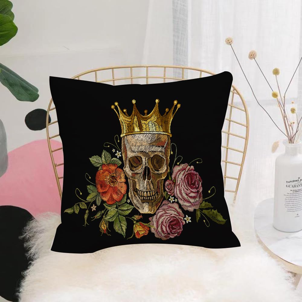 HYMSXW Cushion Cover,Throw Pillow Case Home Decorative for Living Room Bedroom Sofa Chair 20X20 Inch,Embroidery Golden Crown Skull and Red Roses.,Pillowcase 50X50cm