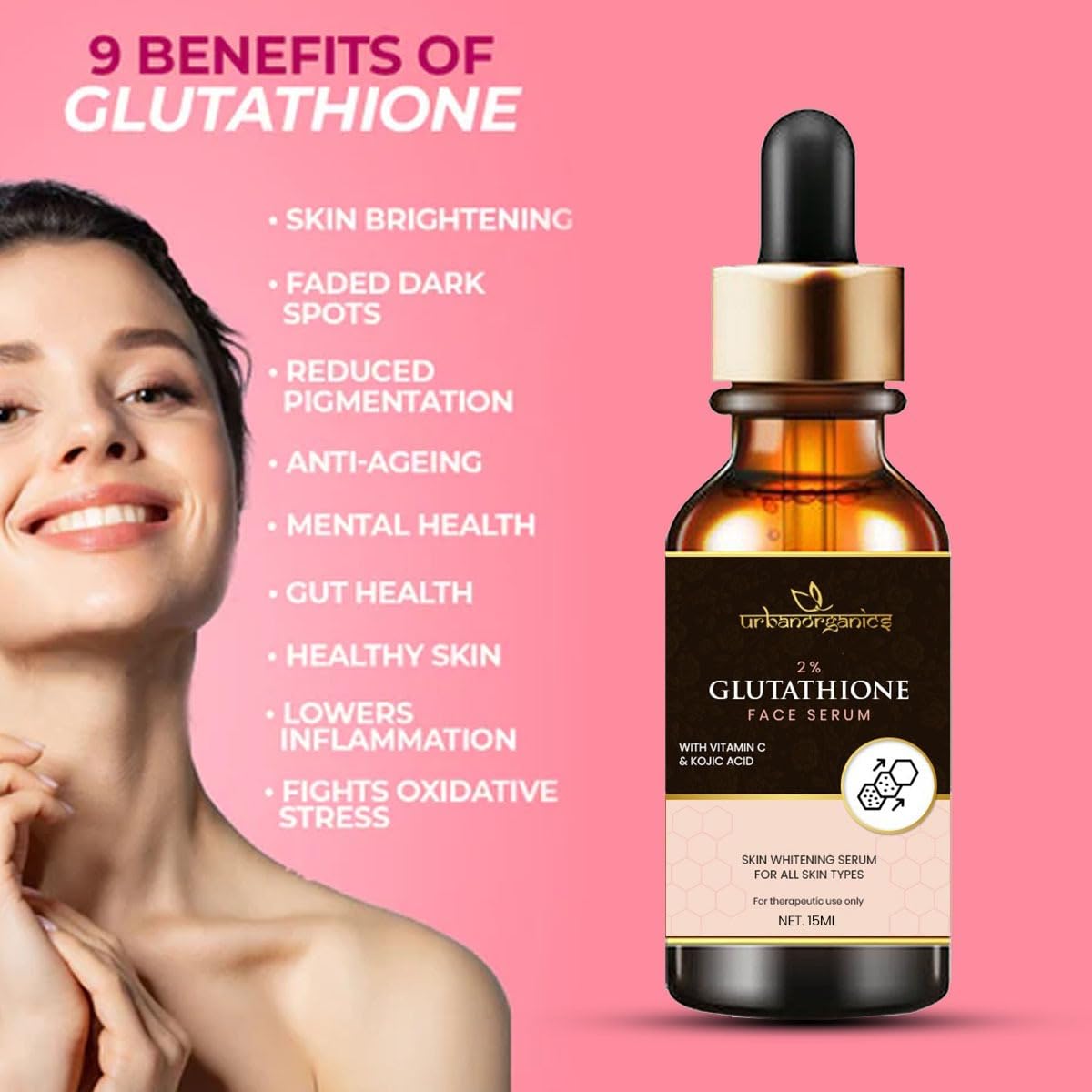 Urbanorganics Glutathione Face Serum for Glowing and Radiant Skin 15ml Skin Brightening Lightening Anti Pigmentation Dark Spot Reduction Anti Aging Hydrating Face Serum for Men and Women Daily Use Beauty