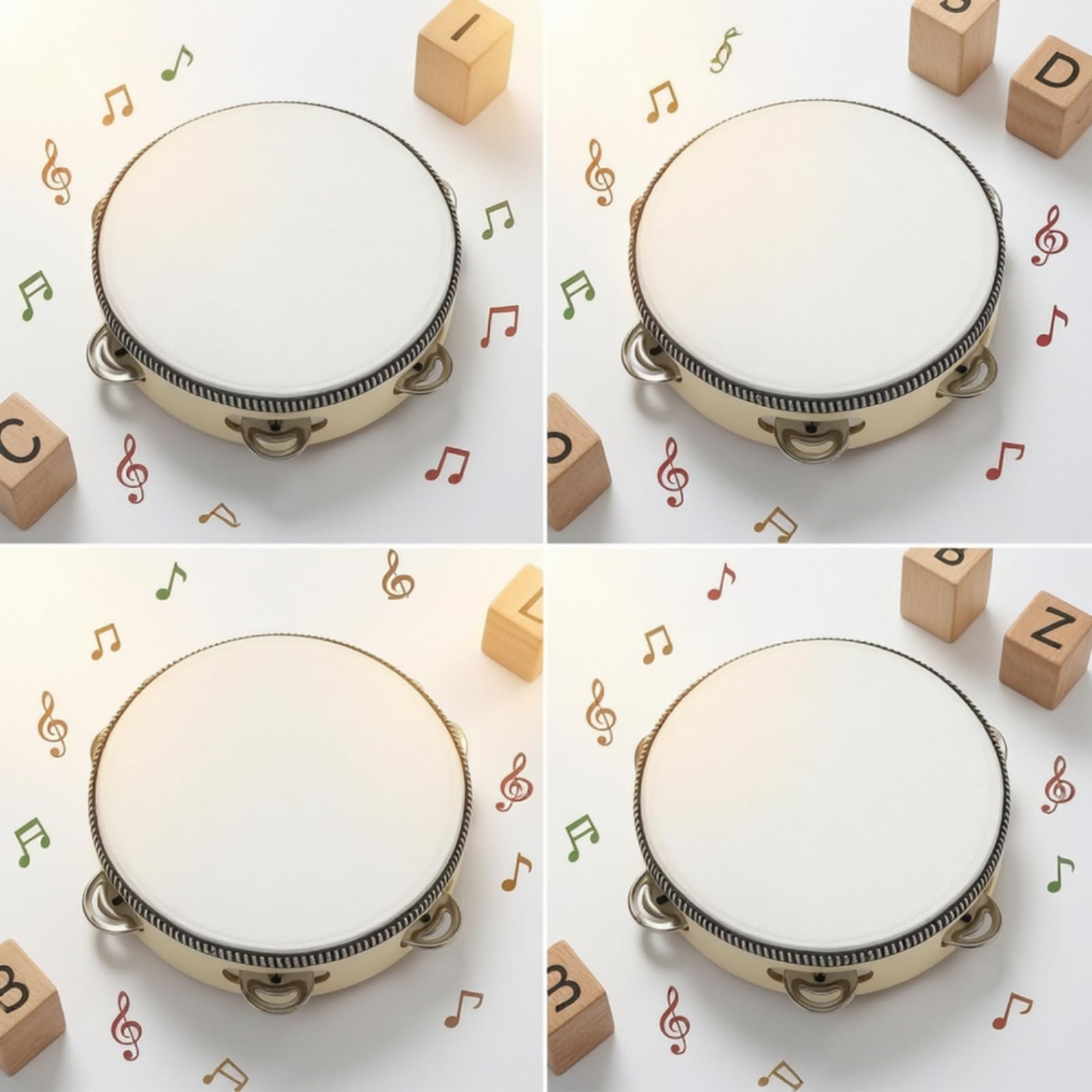 4 Pezzi Tamburello Leggero Tamburello in Legno con Campanelli Metallici Facile da Usare Tamburo a Mano per Bambini, Asilo