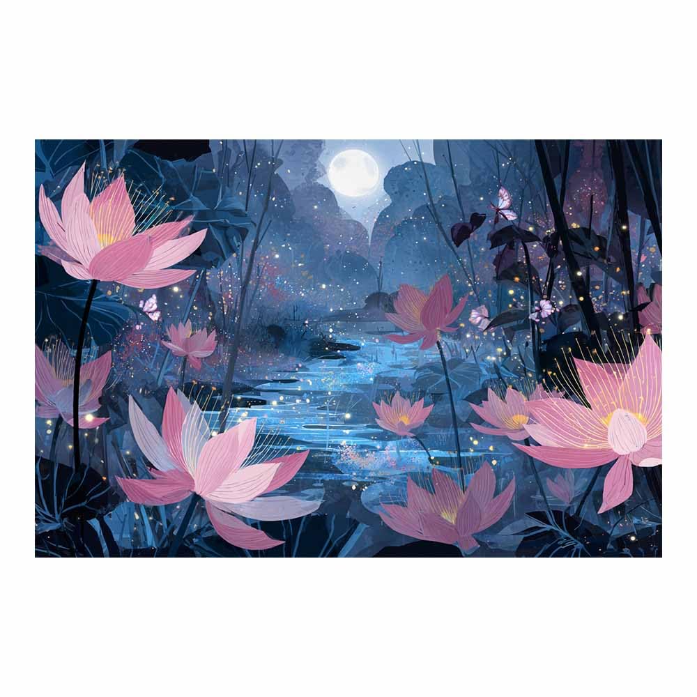 Xeniou Multicolor Flowers Wall Art Moonlit Lotuses Wall Art Canvas Wall Art, For Bedroom Office Home Decorations(Multicolor)-80X120cm Unframed