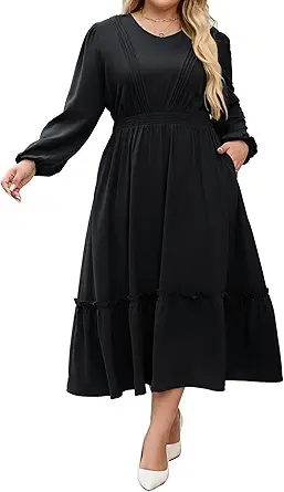 Hanna Nikole Women Plus Size Long Sleeve Casual Dress 2025 Fall V Neck Pleated Flowy Tiered Maxi Dresses with Pockets