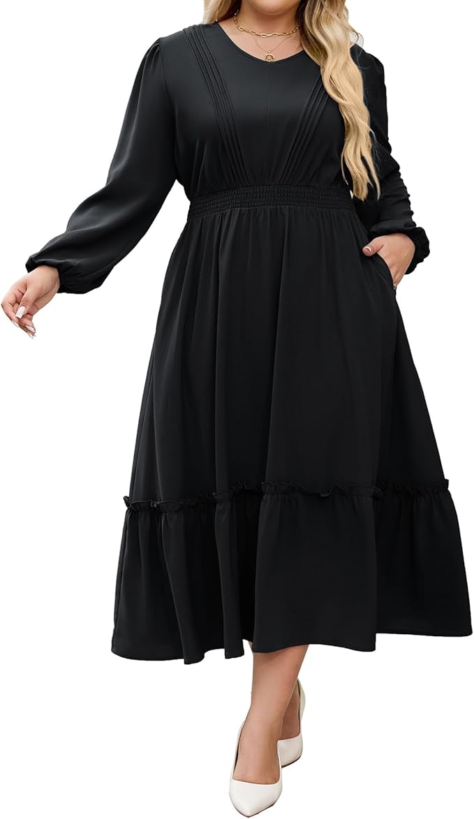 Hanna Nikole Women Plus Size Long Sleeve Casual Dress 2025 Fall V Neck Pleated Flowy Tiered Maxi Dresses with Pockets
