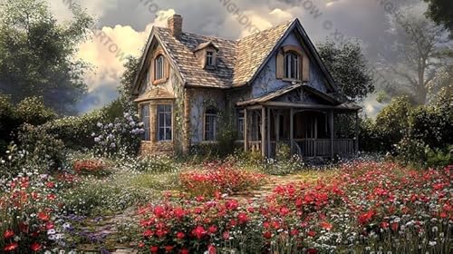 1000-Piece Jigsaw Puzzle: Cottage in Wildflower Field