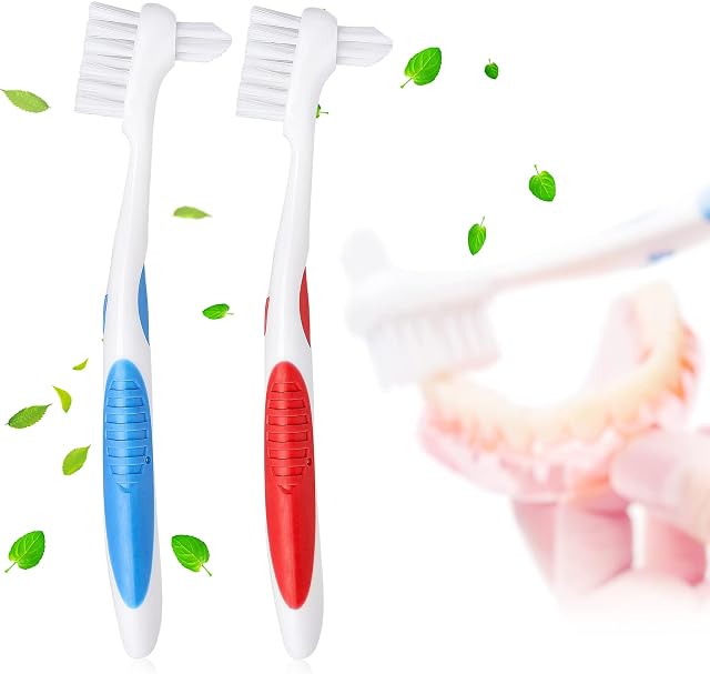 Y-Kelin 2 Pcs Double Bristle Head Denture Cleaning Brush Set, 1 red,1 blue