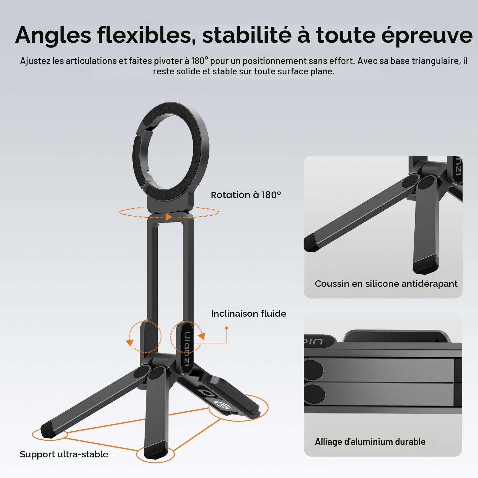 ULANZI MA38 Trépied Magnétique pour Téléphone Portable, Maglock Mousqueton Fixation Rapide, Aluminium Support Pliable, Mini Perche à Selfie Portable Compatible avec iPhone 17 16 15 14 13 12 Magsafe