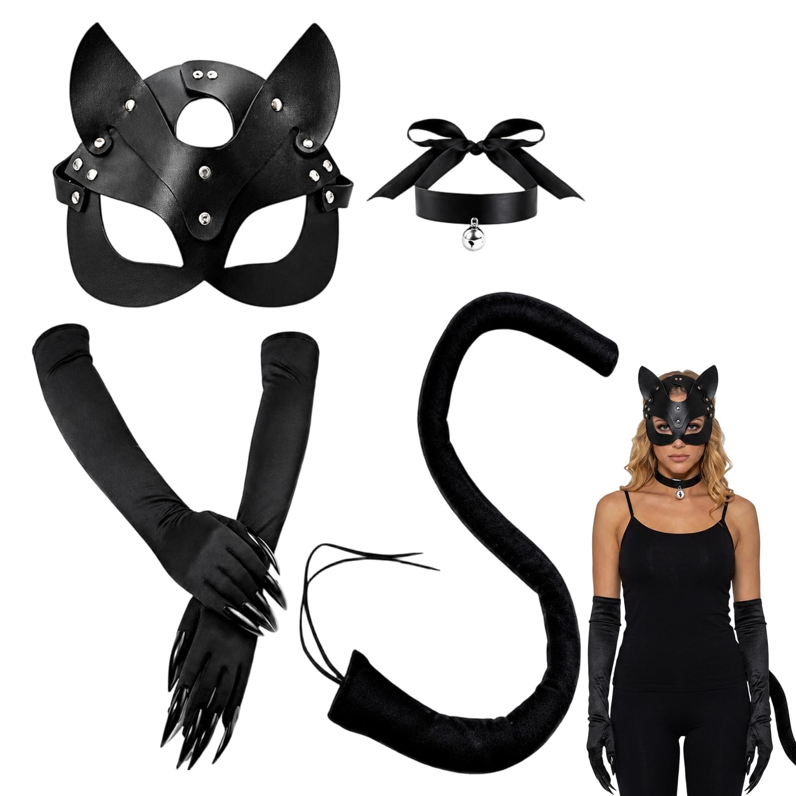 JaiZvt 4pcs Black Catwoman Costume, Halloween Outfits Women, Catwoman Mask and Cat Tail, Cat Costume Set for Cosplay Events and Themed Parties, Black Cat Woman Accessories with Long-Nail Gloves