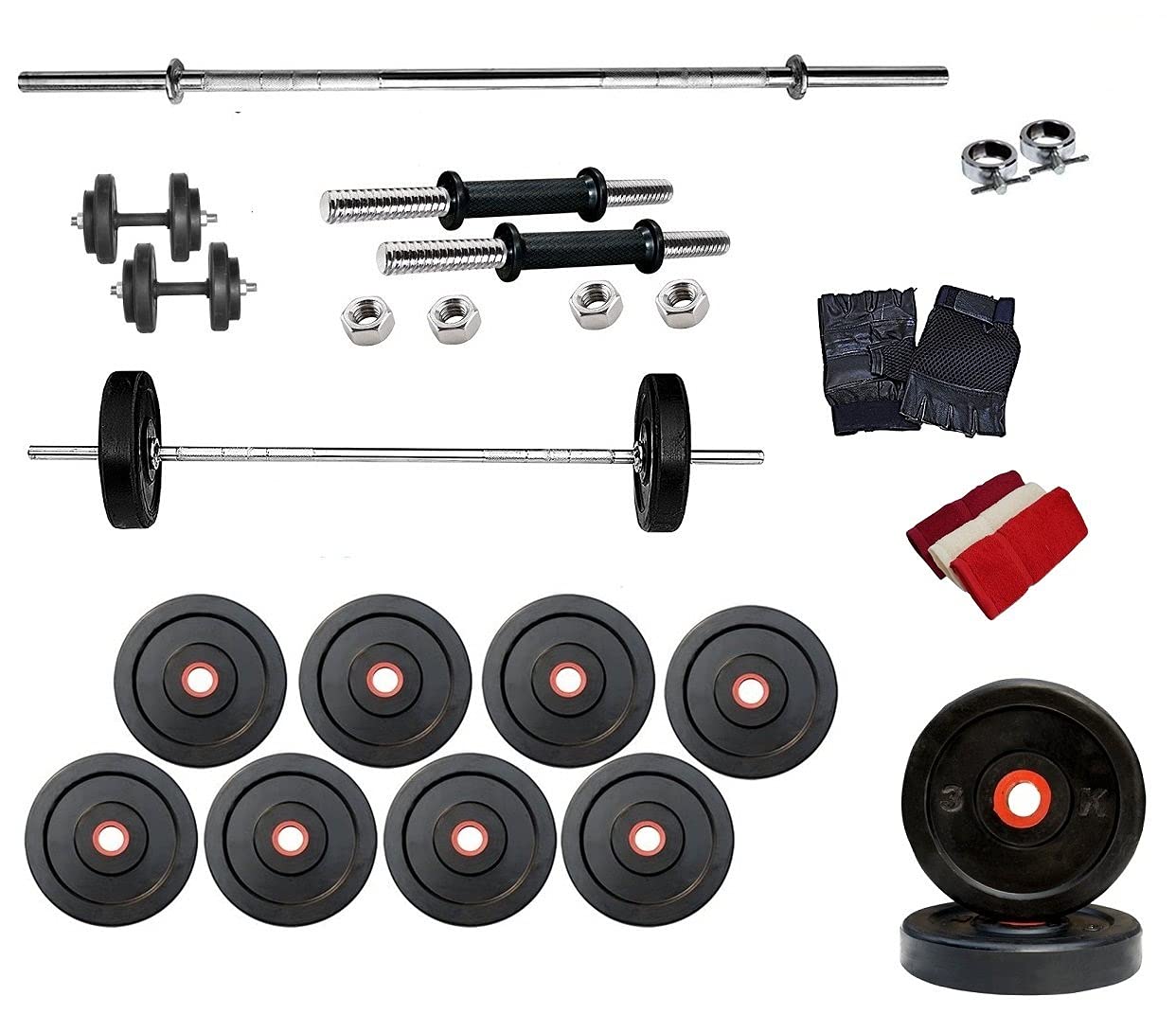 Body Maxx 20 Kg Home Gym Pack of Rubber Weight Plates + Dumbells Rods + 5 FT Bench/Shoulder Bar + Gloves + Hand Gripper-image-22