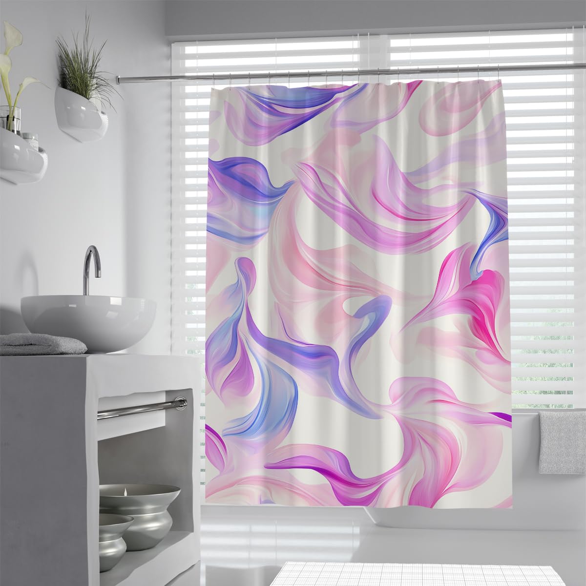 UIRINGART Modern Purple Wave Shower Screen W180xL200cm Pastel Pink Violet Fluid Swirl Ink Pattern Mildew Resistant Bath Curtains Walk In Shower Home Hotel Decoration