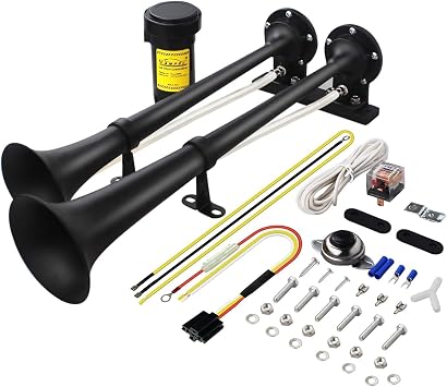 GAMPRO Dual 2-Trumpet Metal Air Horn for truck Kit with RM5000 air Compressors,150dB Ultra Loud horn Suitable For Pickup/SUV/Motor and other vehicles Black
