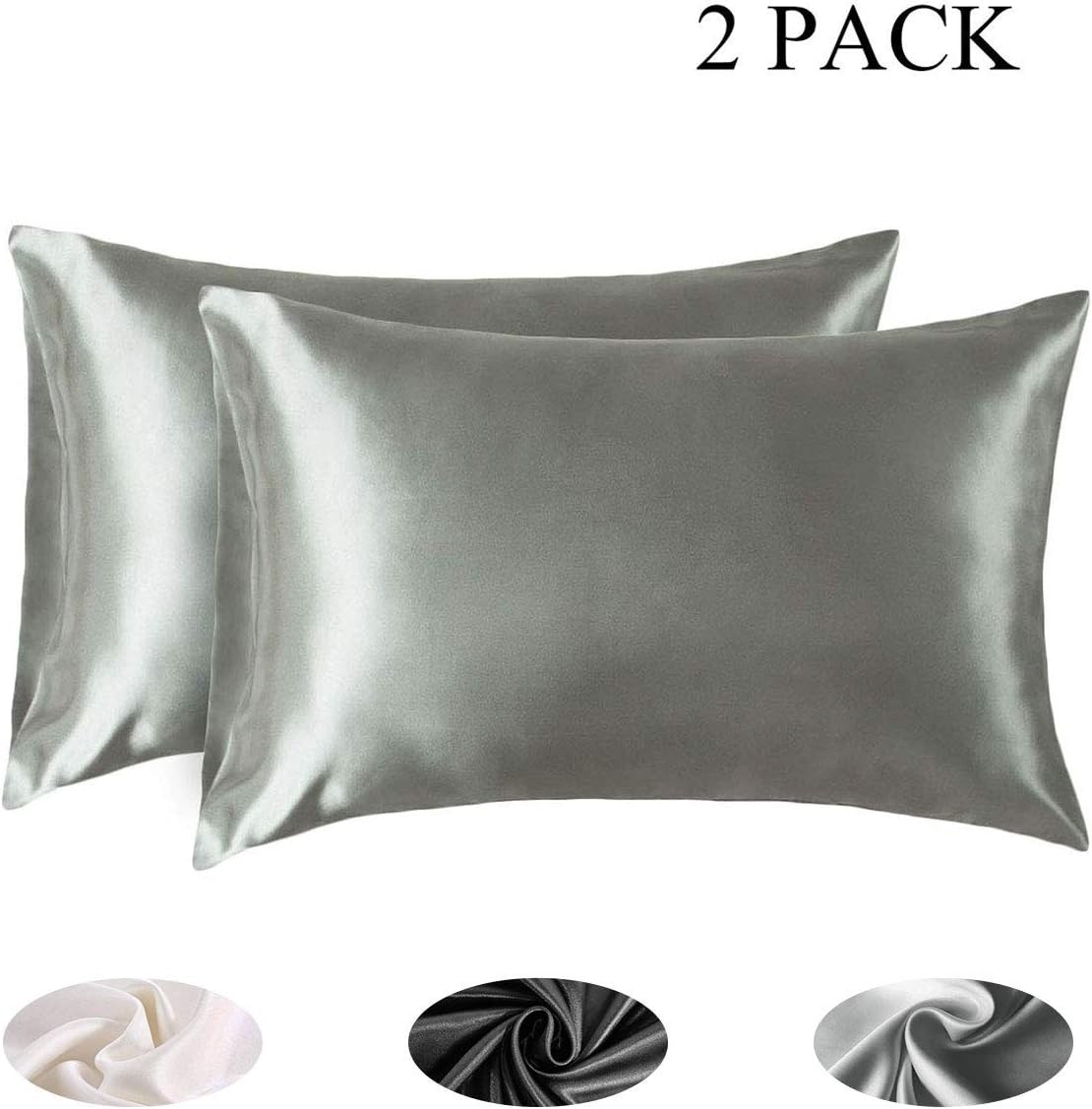 DECMAY Two-Pack Silk Satin Pillowcase for Hair and Skin Soft and Cozy Pillowcases Set with Envelope Closure Hypoallergenic No Zipper Pillowcase Covers (Standard 20"x30",Silver Grey)