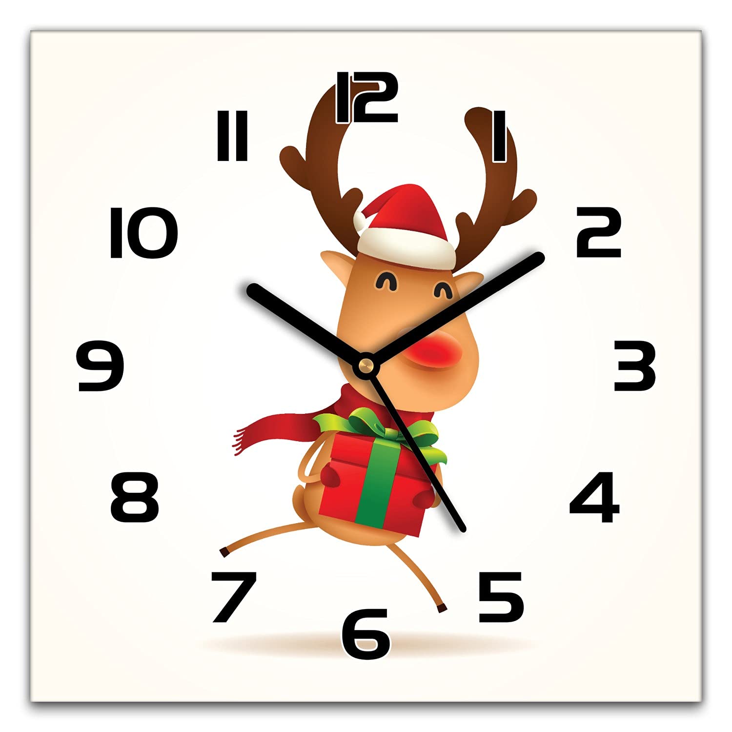 Horloge murale Noël 30x30 cm en verre moderne avec mécanisme silencieux et aiguilles noires
