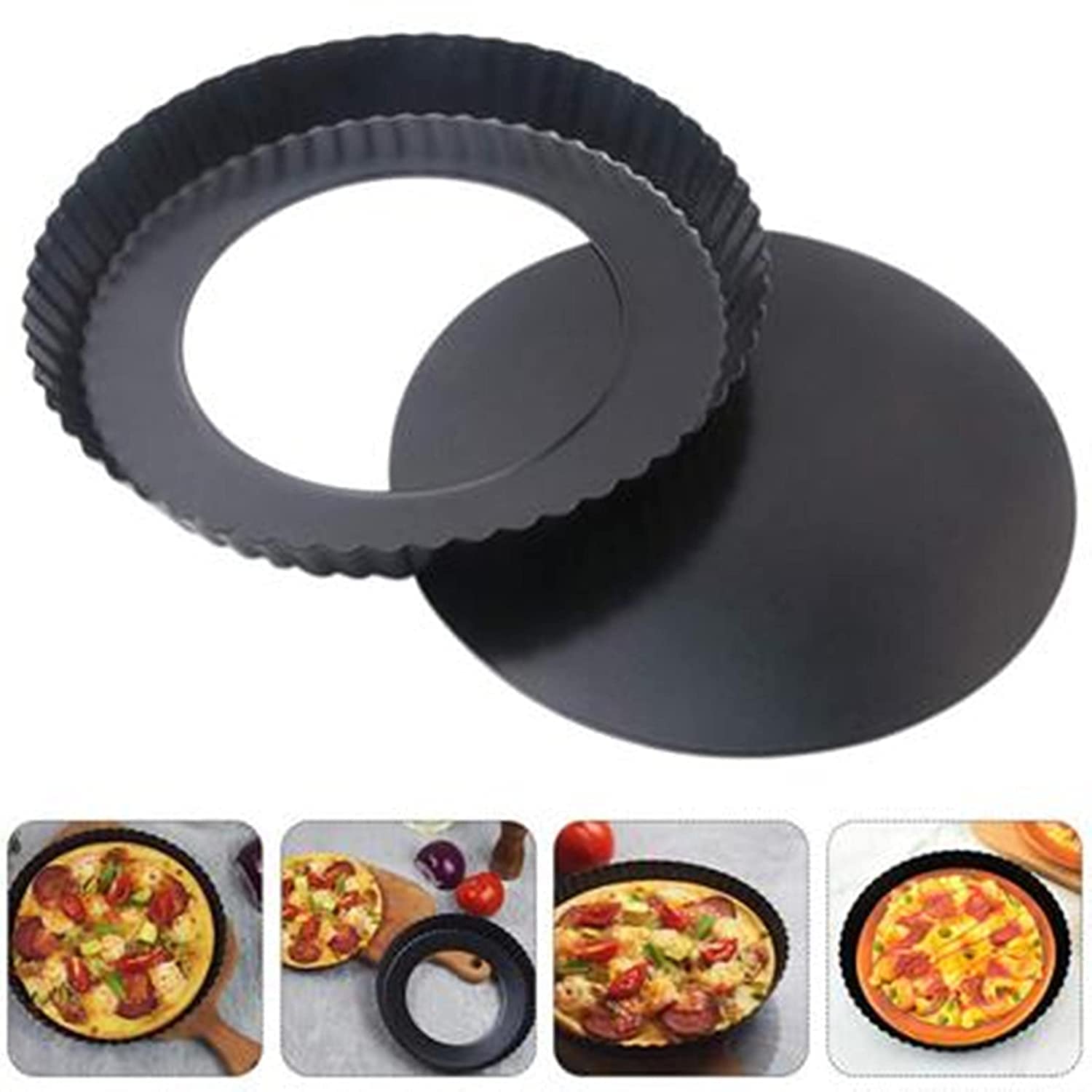 9 inch Non-Stick Tart Quiche Pizza Pan Round Pizza Cake Baking Tray Carbon Steel Mold with Removable Loose Bottom Tart Pie Pan, Black