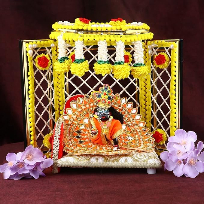 SATVIK 8 Inch Yellow Laddu Gopal Phool Bangla Pujan Flower Backdrop Asan | Lord Krishna Kishan Thakurji Idol Decoration Stand | Diwali Pooja, Janmashtami Mandir Decor, Housewarming Return Gift-image-43