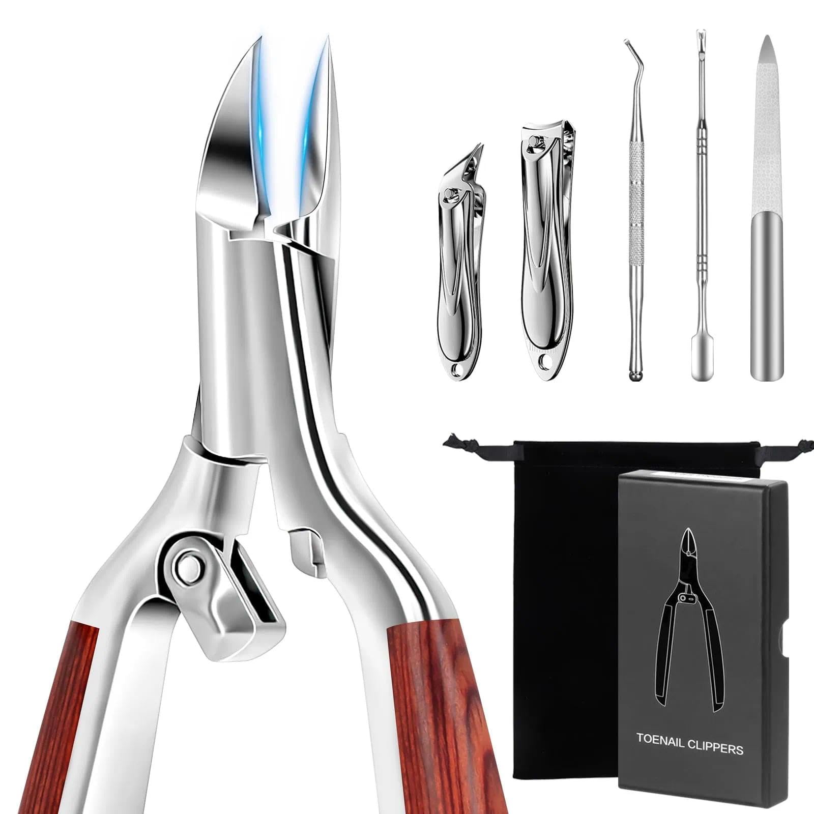 Coupe Ongle Set Professionnel, 6PCS Kit Pedicure pour Pied avec Manche en Bois Antidérapant et Verrou de Sécurité, Coupe-Ongles Pied pour Personnes Âgées pour Ongles Épais, Durs et Incarnés