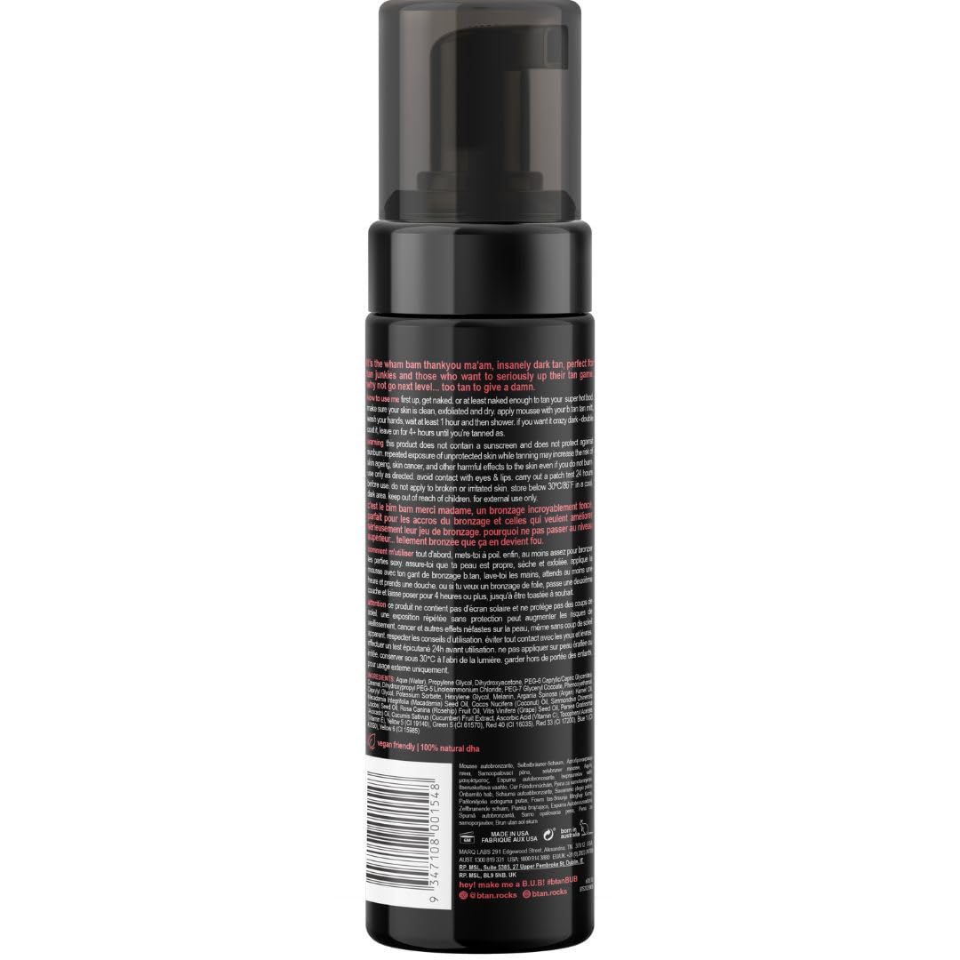 b.tan Insanely Dark Self Tanner | Too Tan To Give A Dam - 100% Natural, Fast, 1 Hour Sunless Tanner Mousse, No Gimmicks, No Fake Tan Smell, No Added Nasties, Vegan, Cruelty & Paraben Free, 6.7 Fl Oz