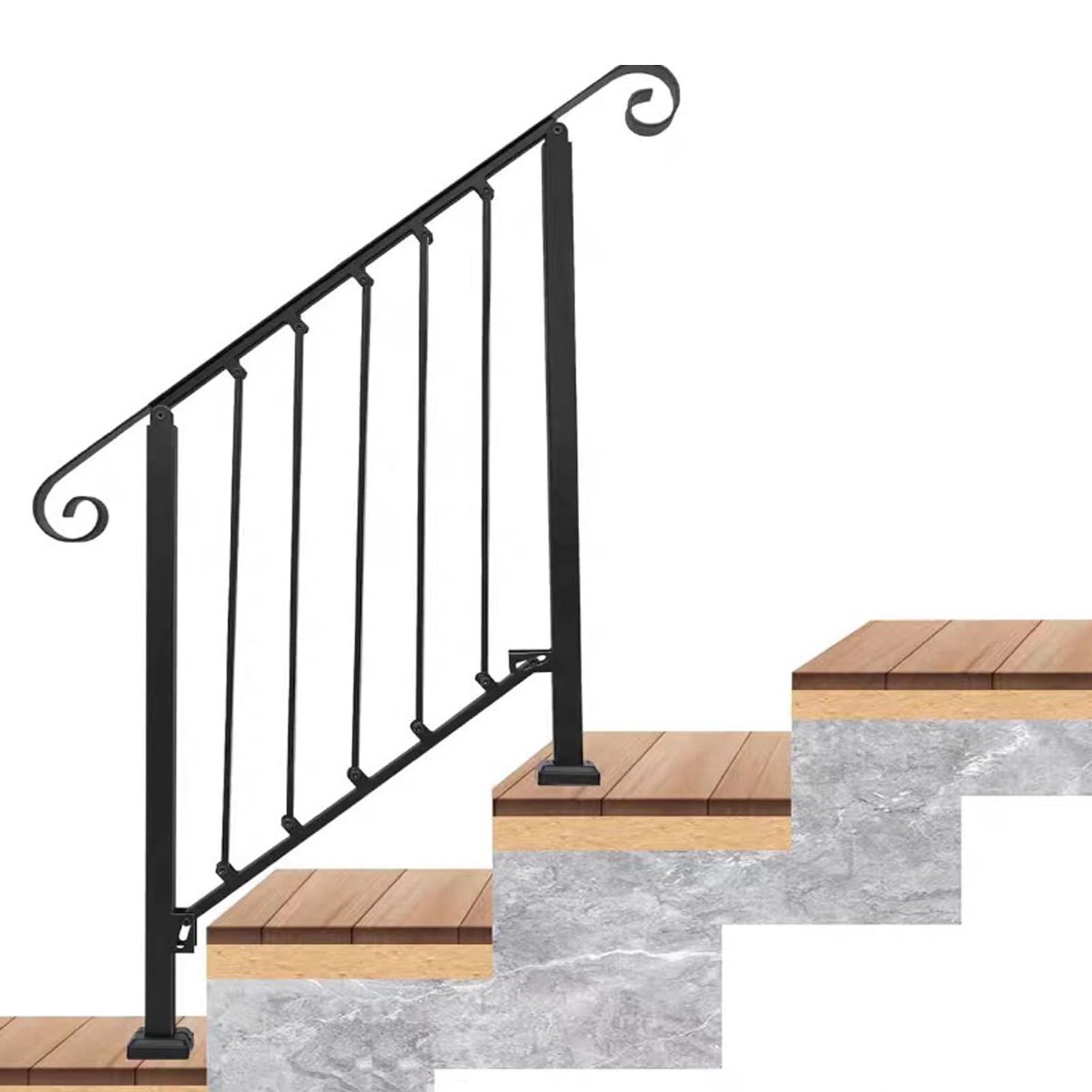 HGTRH Handrails for Outdoor Steps Fits, Stair Handrail with Drainage Holes & Straight Ends, Wrought Iron Hand Rail Stair Railing for Concrete/Porch/Wooden Steps 5 steps 1pcs