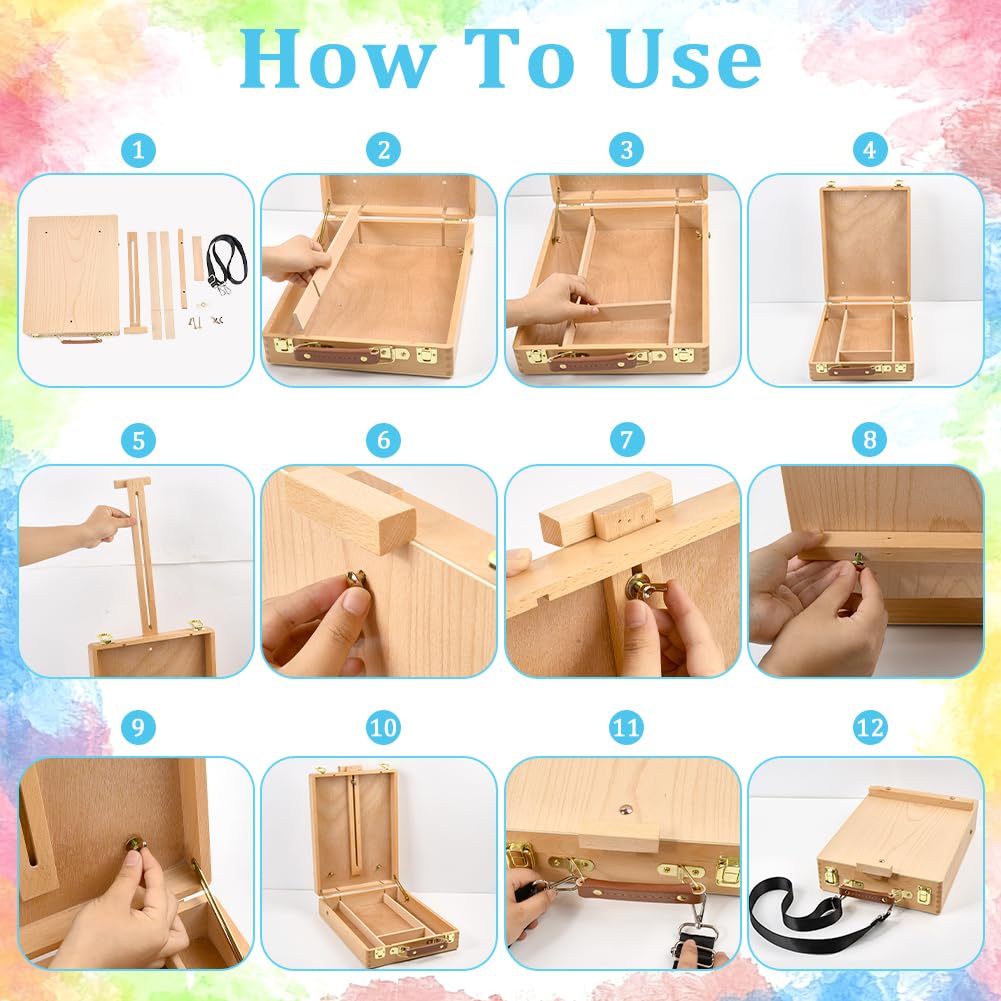 NBEADS 1 Cavalletto da Tavolo per Pittura, Scatola Disegno in Legno Portatile con Tracolla Nylon Regolabile Rimovibile, Custodia Artista per Szzo e Pittura all’Aperto, 358x270x81,5 mm