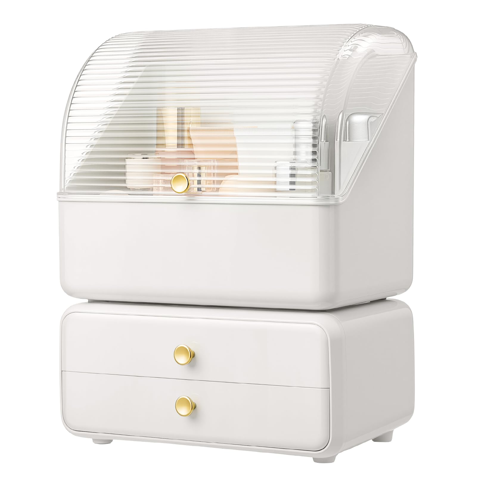 BTGGG Makeup Organiser Box with 2 Drawers Cosmetic Beauty Skincare Storage Cases for Dressing Table Bathroom Vanity, Large Capacity Jewelry Organisers Desk Storage Container White 27x28x35.8cm