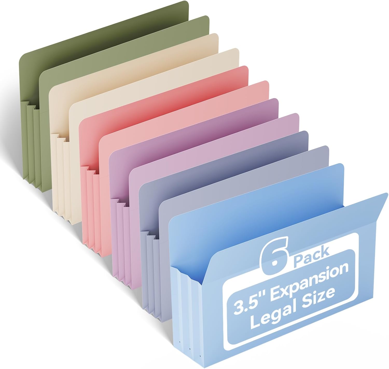 Ansook Poly File Pockets 3.5" Expansion,6 Pack Pastel Extra Capacity File Pockets Folders,Heavy Duty Legal Size File Pocket for Cabinet,with Straight-Cut Tab,holds 8.5" x 11" documents & Manila Folder