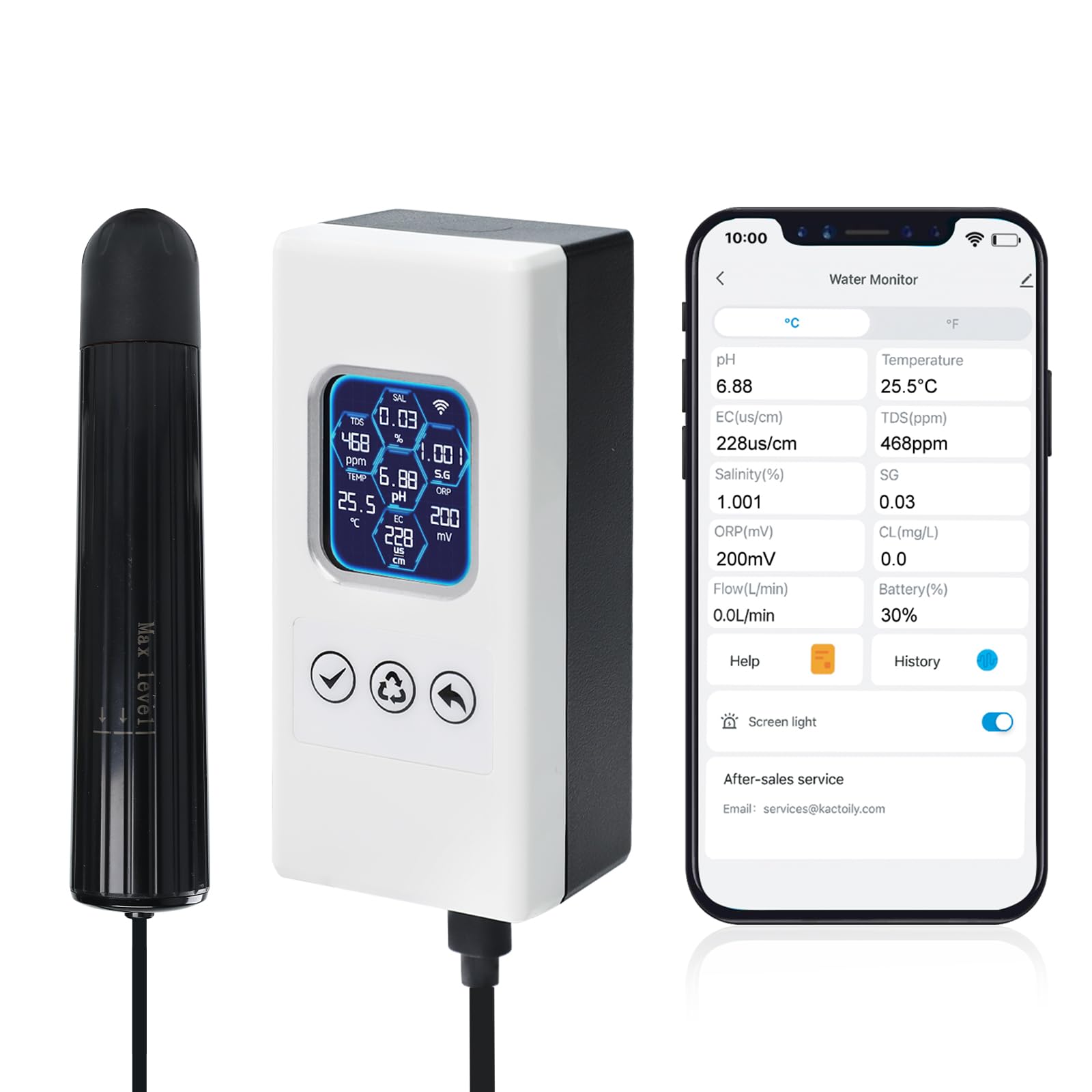 7-in-1 Smart Wasserqualitäts-Tester, Wireless WiFi Wasser-Monitor pH/ORP/TDS/EC/Salinität/SG/Temperatur, Wasserqualitäts-Messgerät mit App-Anbindung & Echtzeit-Alarmen für Aquarium Salzwasser-Aquarium
