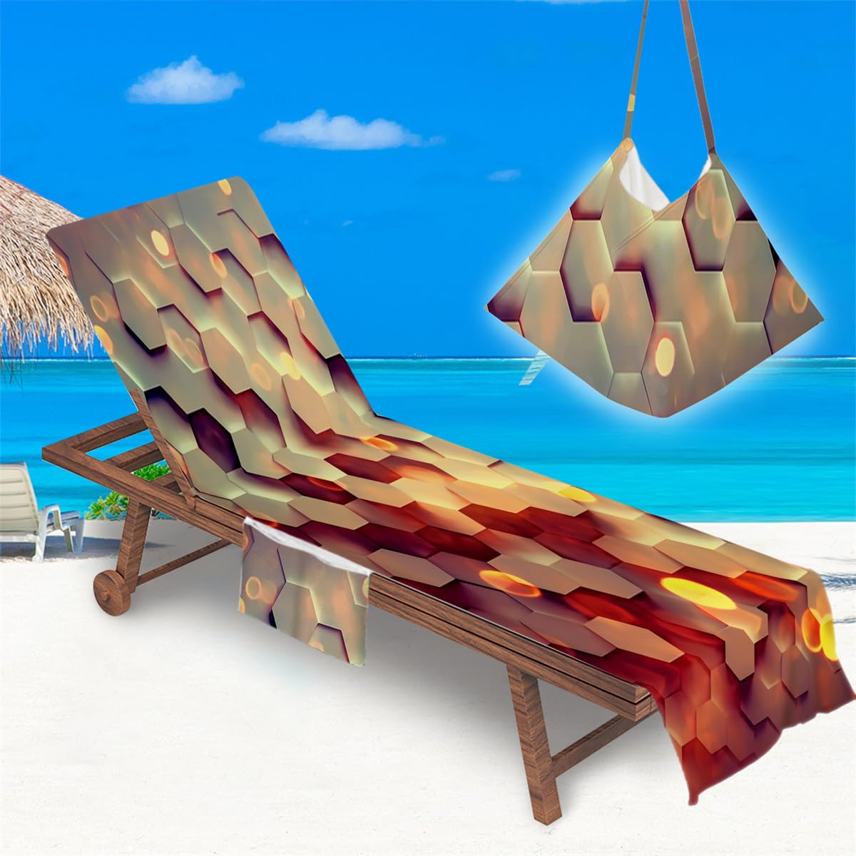 Treer Beach Chair Cover Towel, Art Space Print Beach Towel, Portable Beach Sunbed Towels, Sun Lounger Towels with Pockets, Microfiber Towel for Beach Garden Vacation (Geometric,75x210cm)