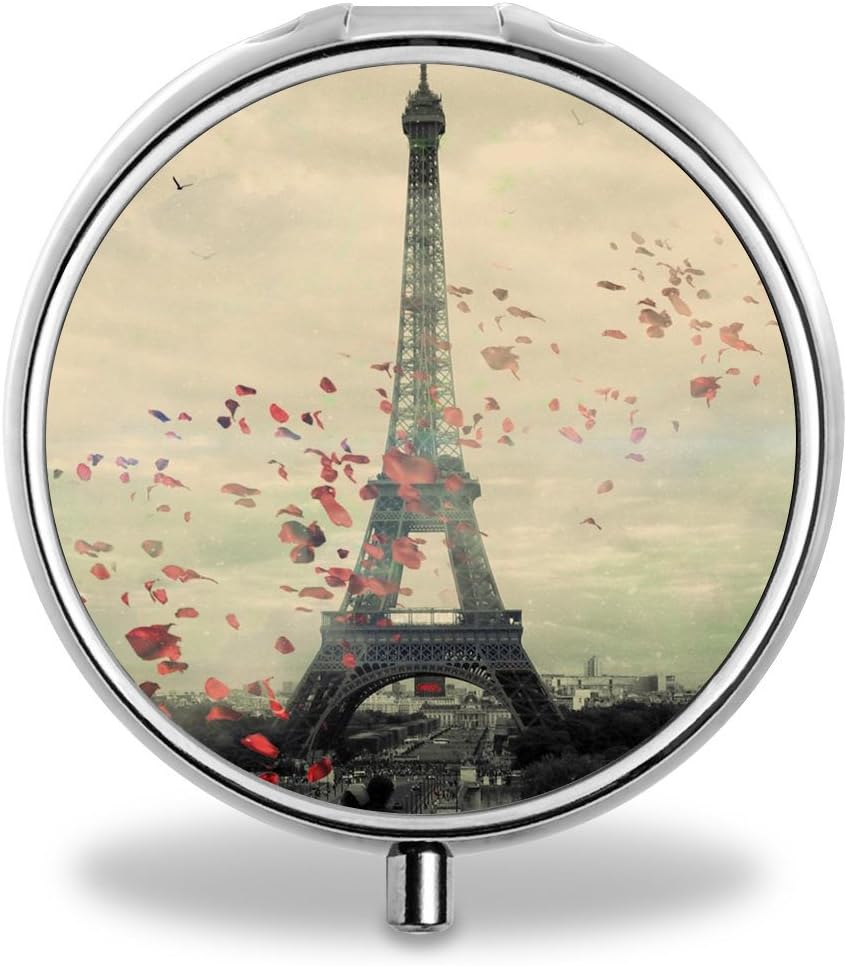 ONSPACE Portable 3 Slots Medicine Box, Round Compartment Unique Design Silver Metal Pill Box for Pocket/Purse/Travel Medicine Case, Small Vitamin Box-Eiffel Tower