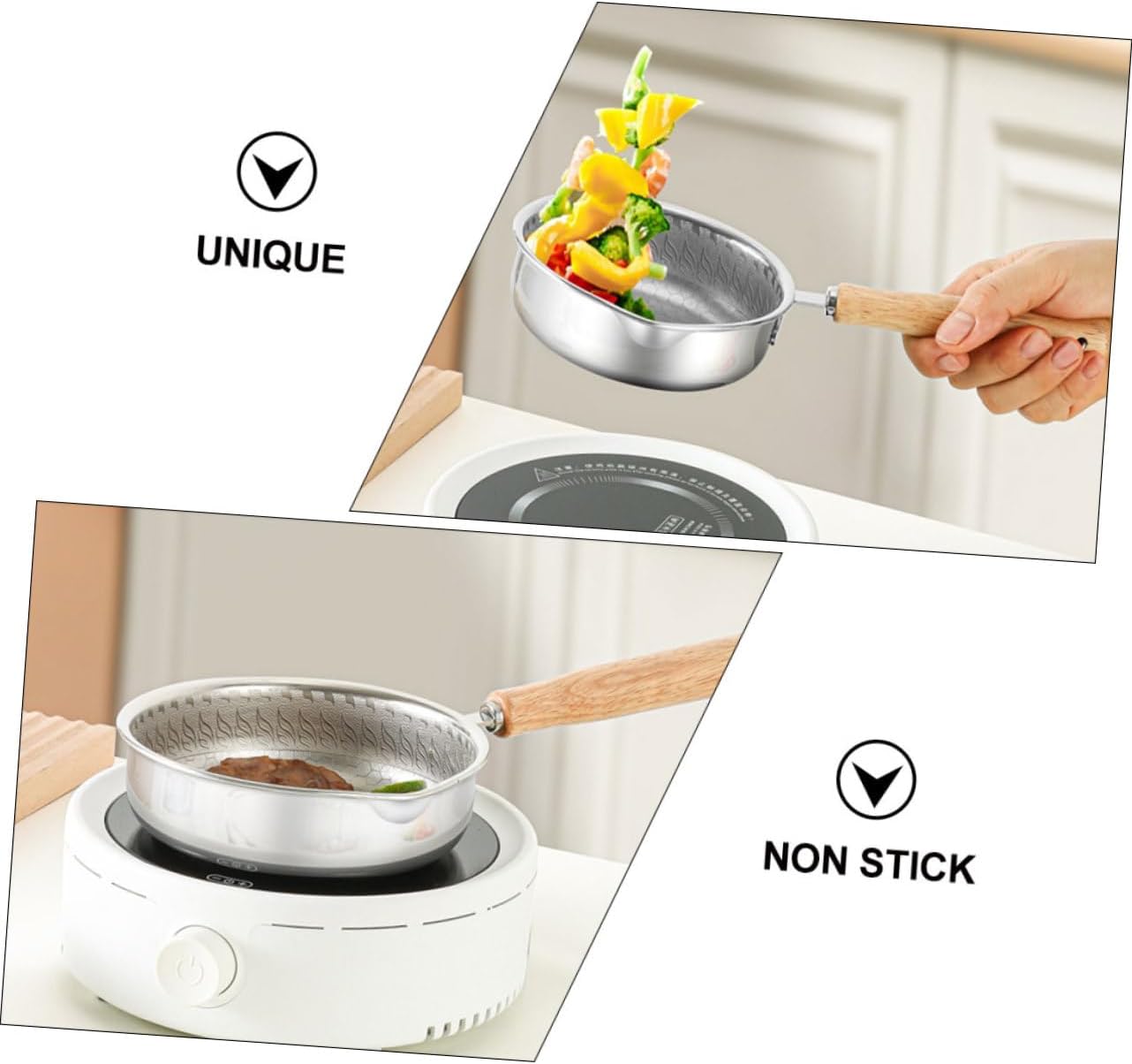 UKCOCO Stainless Steel Egg Fry Pan with Honeycomb Non Stick Coating Skillet for Omelettes and Pastries Wooden Handle for Secure Clean Cooking Pan