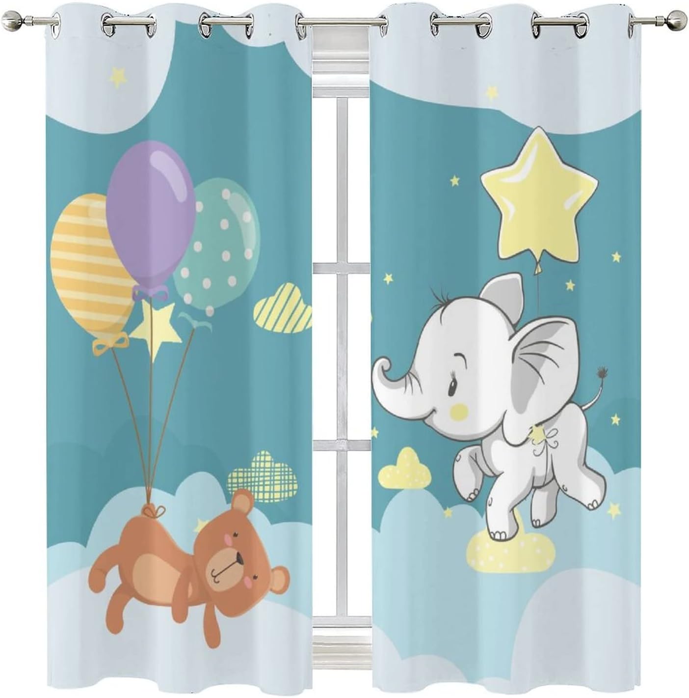 Cartoon Elephant Blackout Curtains - Boy Girl Cute Balloons Baby Bear Elephant Grommet Window Treatment Set Energy Saving Thermal Insulated Drapes for Living Room Nursery,2 Panels 45L x 21W