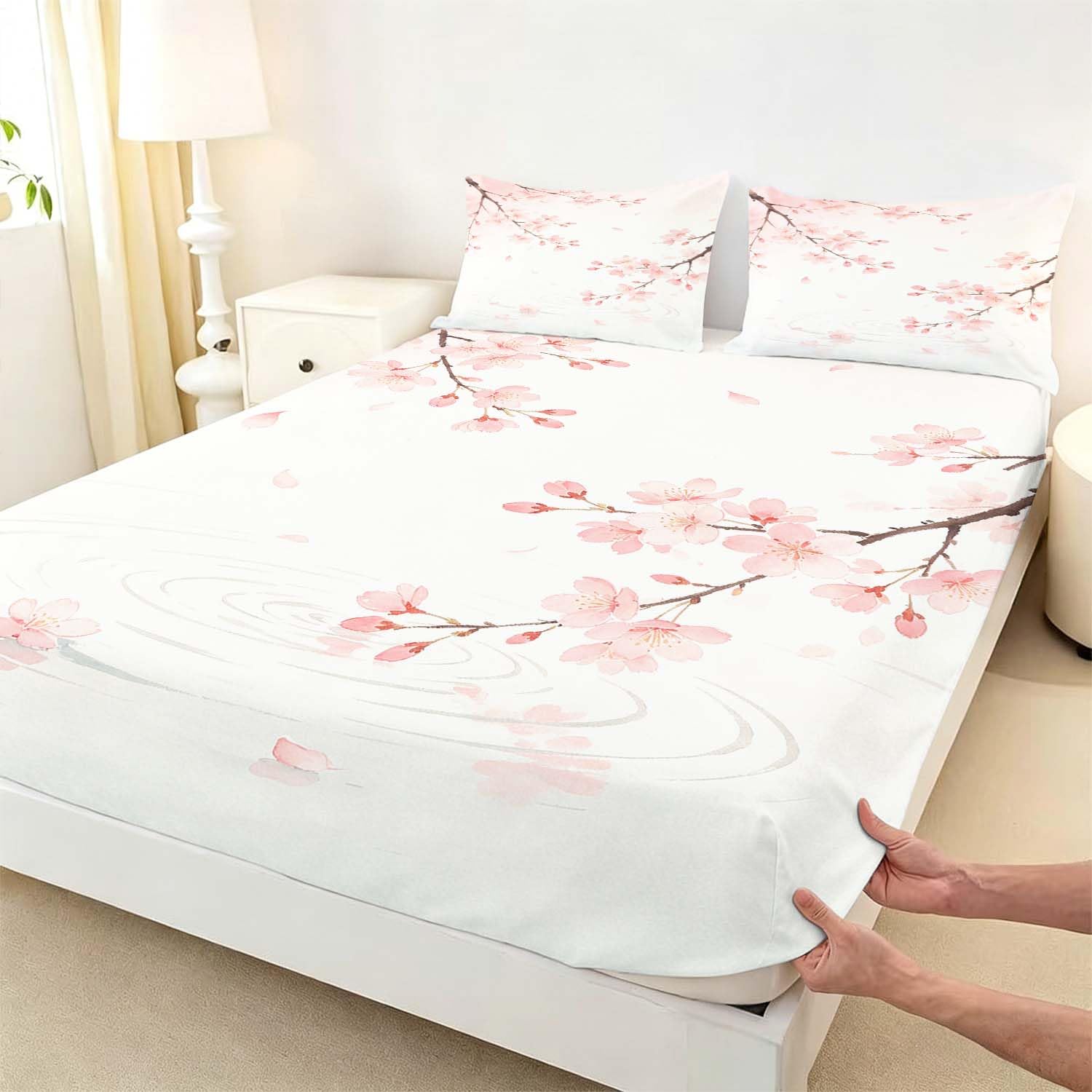 Drap Housse 180x200 cm Fleurs de Cerisier 3D Drap-Housse Thème Japonais Draps Housses Microfibre 2 Personnes avec 2 Taie d'oreillers pour Matelas Épais XCW6433
