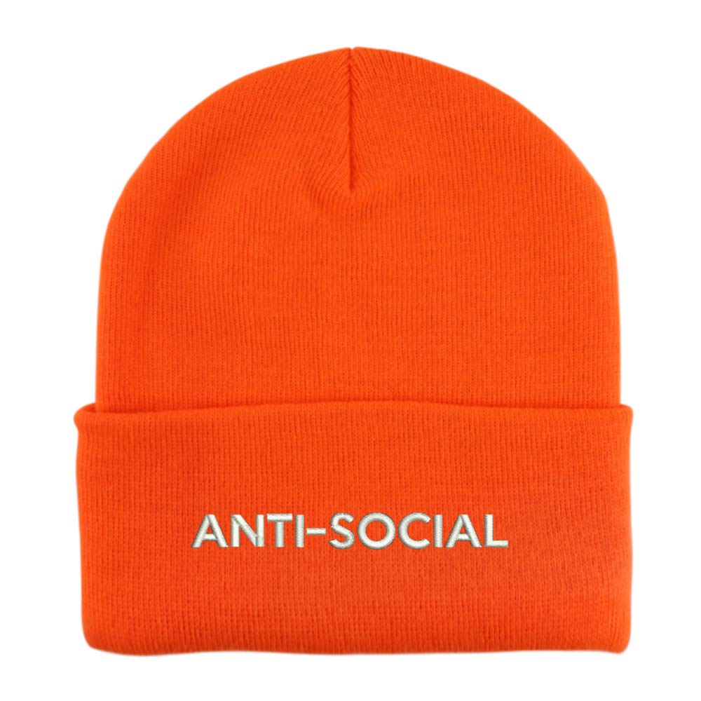 Trendy Apparel Shop Anti Social Embroidered Winter Long Cuff Beanie - Neon Orange