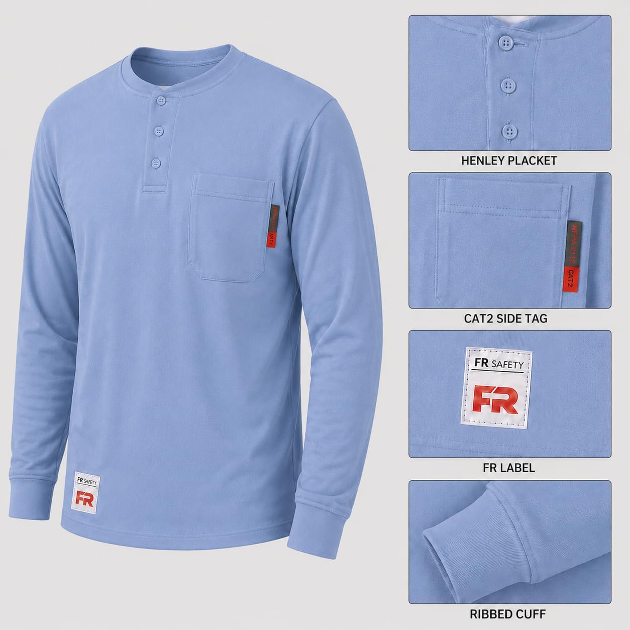 GloWave Men's FR Shirts, 6oz Long Sleeve Flame Resistant Henley Shirts
