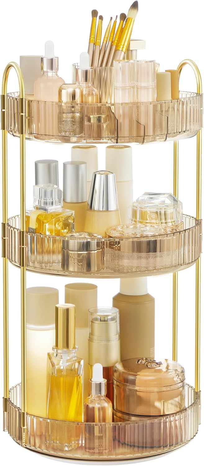 360° Rotating Makeup Organizer, Bathroom Make Up Spinning Holder Rack, Cosmetics Storage Vanity Shelf Countertop, Fits Cosmetics, Perfume, Skincare, Lipsticks (Brown, 3 Tier)-image-11
