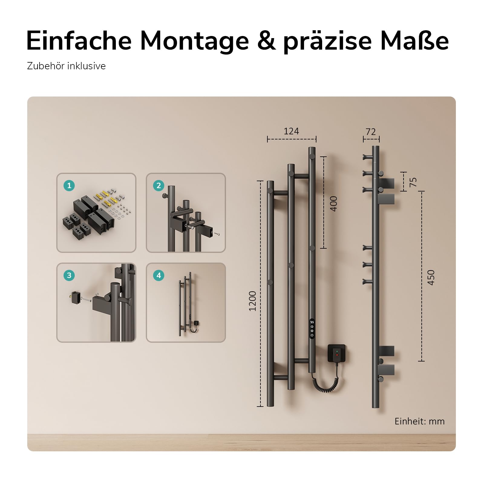 EMKE Elektrischer Handtuchheizkörper 1150 x 216 mm, Design-Handtuchwärmer mit WiFi-App-Steuerung, Badheizkörper mit 6 Haken, 220 W, IP45, Grau
