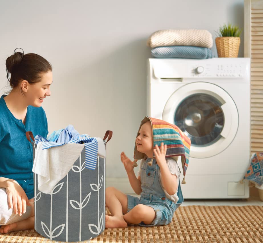 Image of Large Storage Baskets,Waterproof Laundry Baskets,Collapsible Canvas Basket for Storage Bin Organizer,Home Decor,Baby Hamper (Grey leaves)