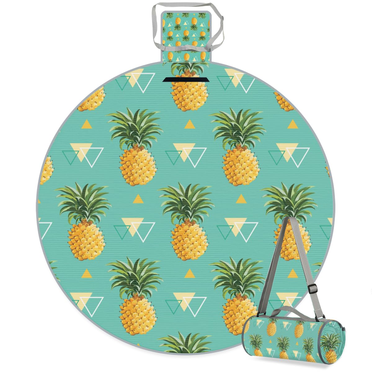 Shimoshe Pineapple Geometric Print Picnic Outdoor Blanket Foldable Waterproof Sandproof Beach Blanket Portable Water-Resistant Round Picnic Mat for Travel Camping Park Lawn